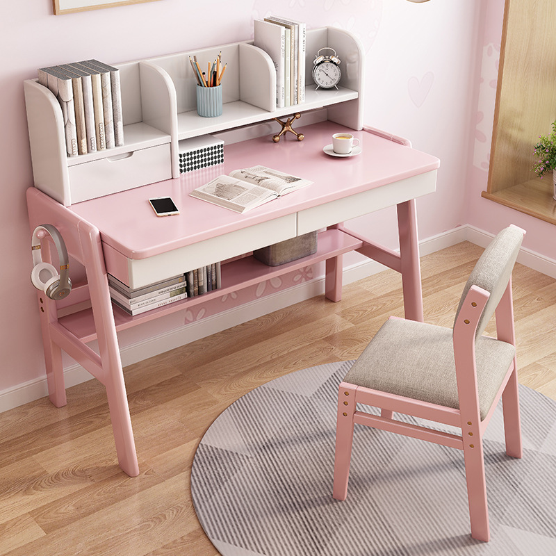Solid Wood Desk Children's Study Table and Chair Set Simple Home Bedroom Primary and Secondary School Students Writing Desk Liftable Girl