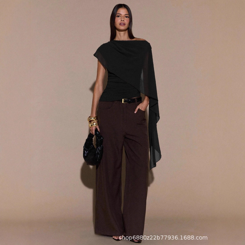 [Can Be Customized] 2025 European and American Style New Women's Asymmetrical Shoulder Pleated Collar Lace-Up Knitted Shirt