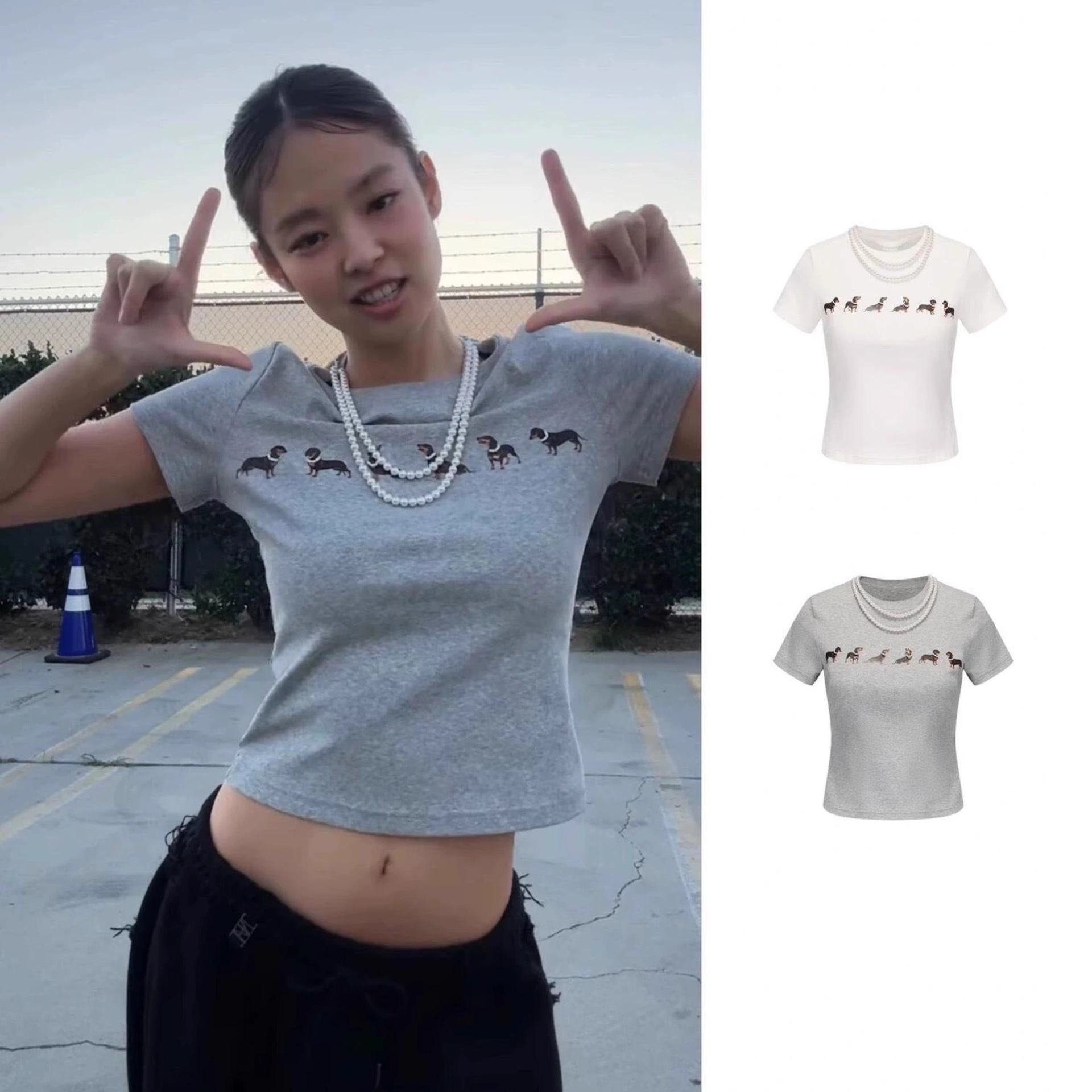 In-Stock Jennie Shen Mengchen Same Style 2026 Summer Pearl Necklace Dachshund Short-Sleeve T-Shirt Slim Fit Women's Trendy Fashion