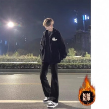 美式高街加绒牛仔裤秋冬季2025新款窄版修身微喇直筒休闲长裤男装