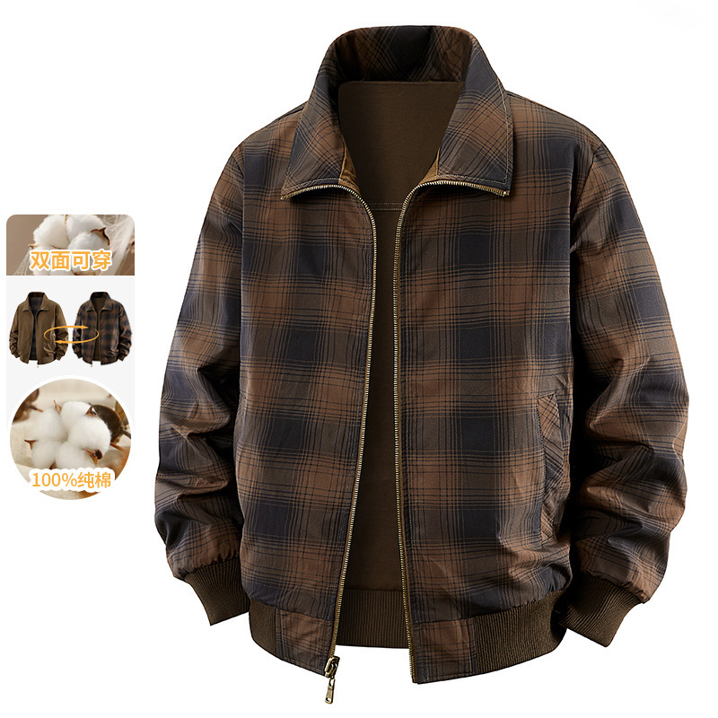 Turn-Down Collar Pure Cotton Jacket for Men, Spring and Autumn, Plaid, Double-Sided, Breathable, Casual, Men's Washed Workwear Jacket
