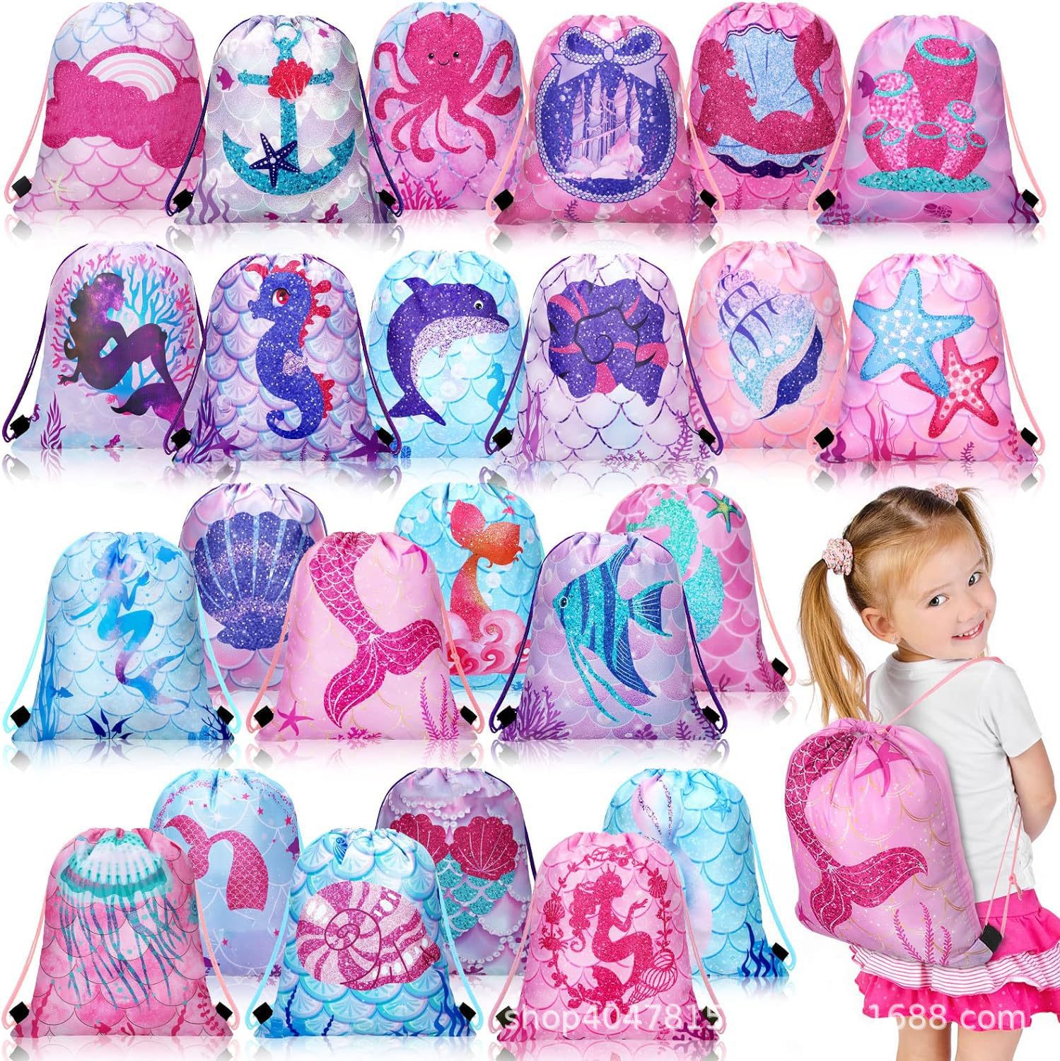 小美人鱼四双肩抽绳背包袋子便携收纳袋涤纶手提抽绳袋束口袋