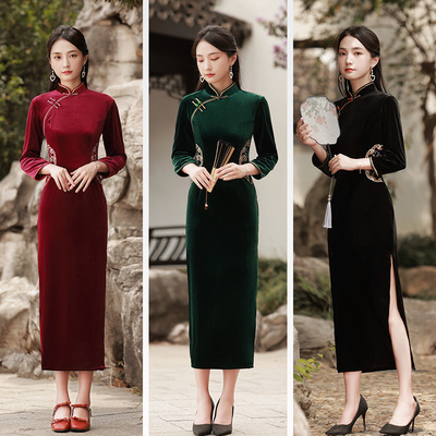 Embroidered dark green wine black velvet chinese dress qipao for women cheongsam retro Chinese style improved cheongsam dress