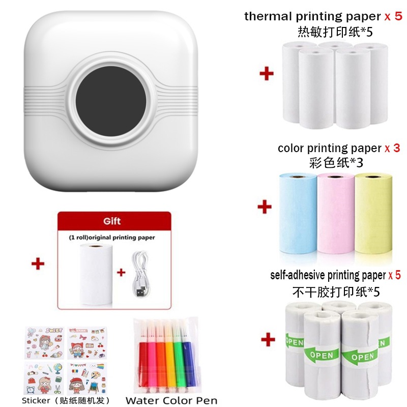 A33 화이트-영어 버전 [열 종이 5 롤 열 종이 5 롤 접착 3 롤 컬러 용지 6 수채화 펜 스티커]