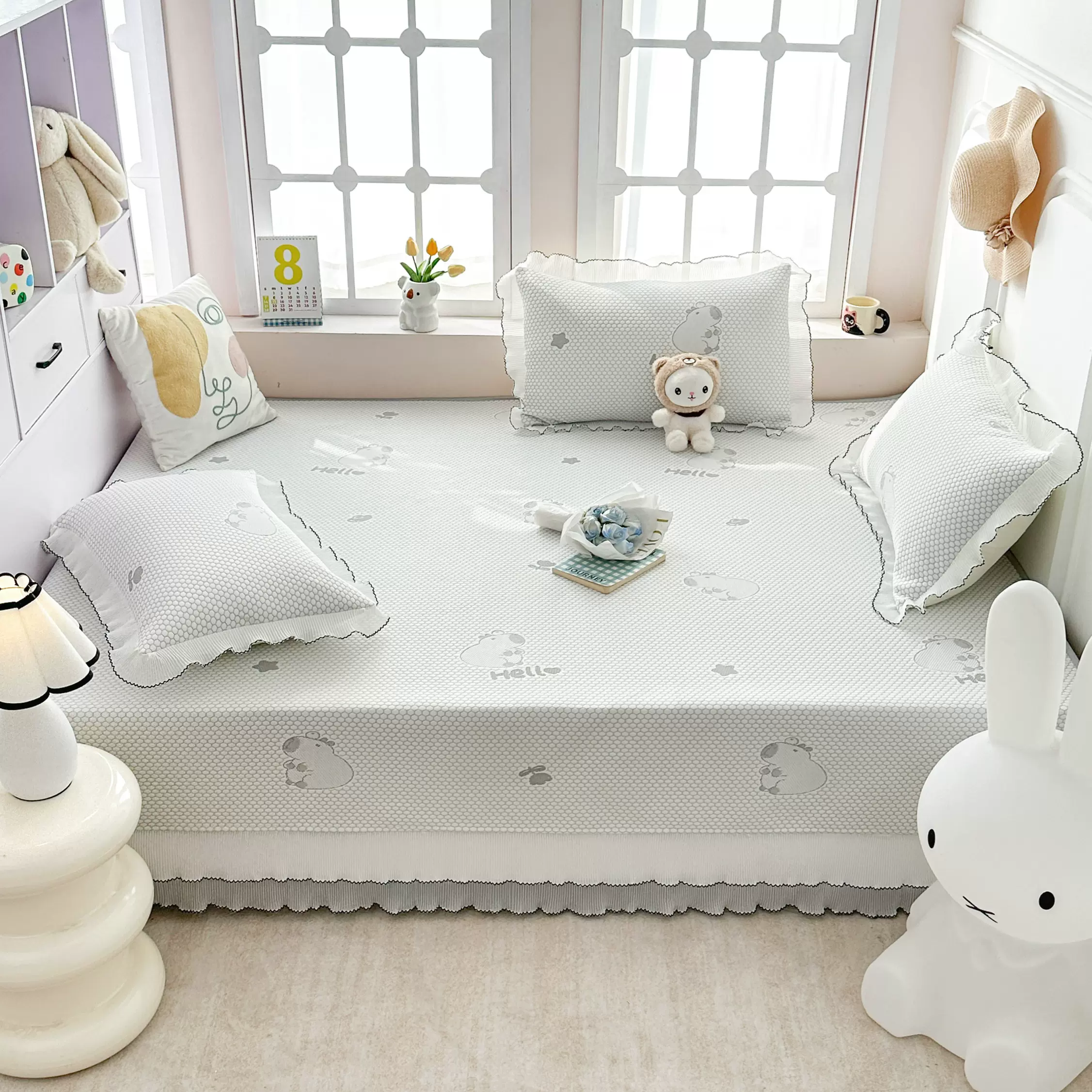 冰豆豆榻榻米床盖凉席三件套母婴级夏季冰丝床单加厚防滑大炕盖垫