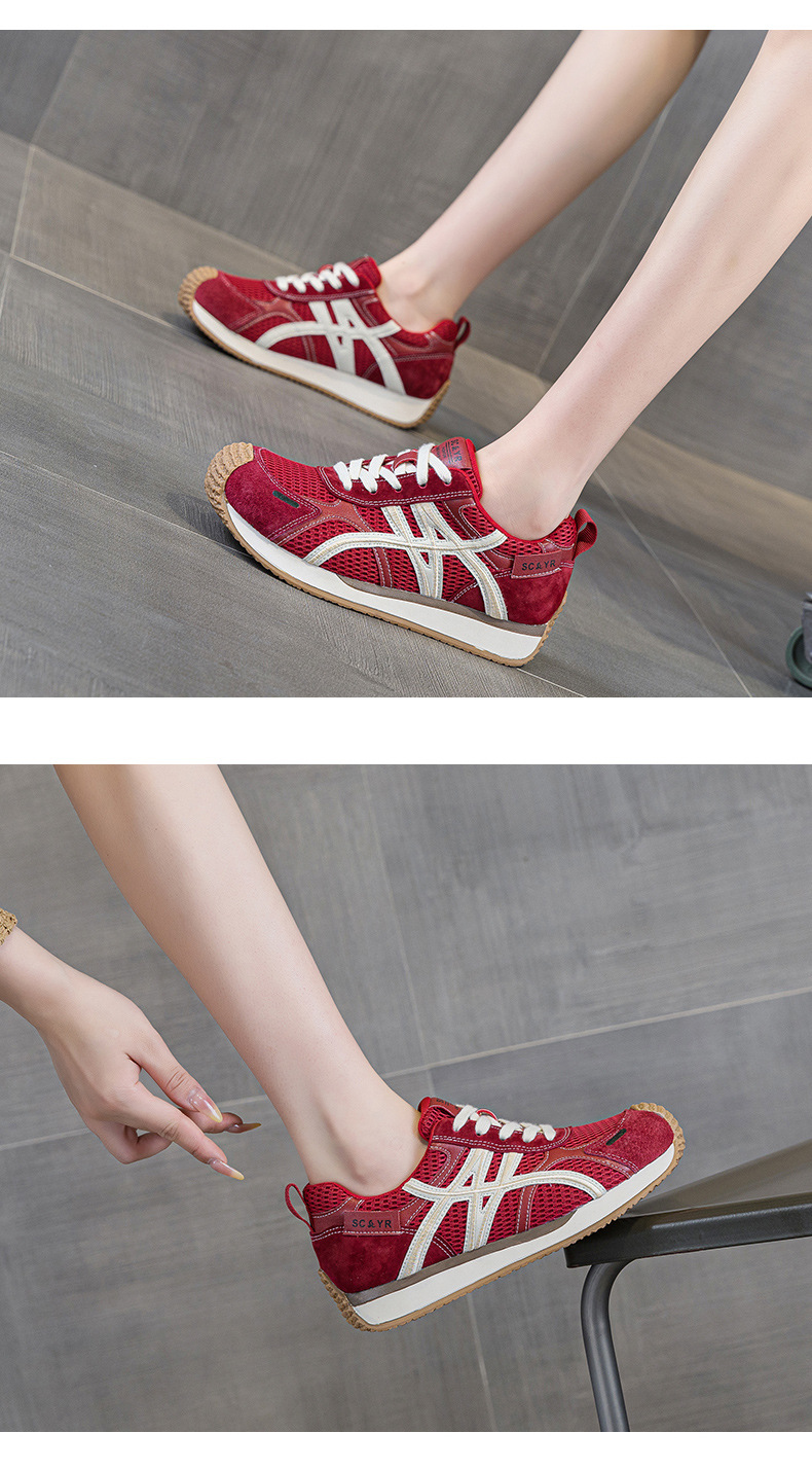 Giày sneaker nữ da thật đế chunky tăng chiều cao phong cách cổ điển — M2912 phẳng màu đỏ, M2912 đáy phẳng màu be, M2912-1 nâng cao bên trong màu be, M2912-1 nâng cao bên trong màu đỏ chi tiết 12