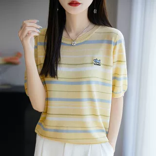 夏季新款冰丝条纹刺绣百搭气质百搭薄款针织衫宽松上衣短袖韩版