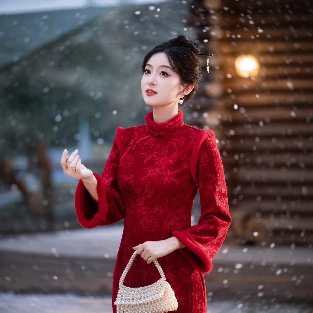 2024 национальный стиль cheongsam высокого класса изысканный шерстяной воротник сшить с рукавами