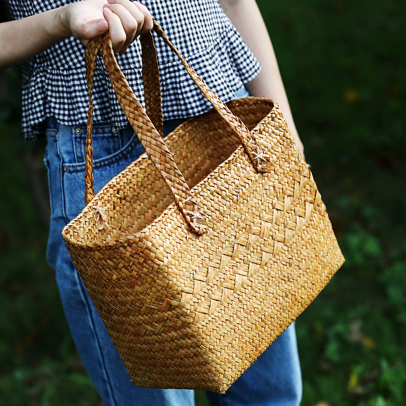 Straw shopping basket literary fan buy vegetable basket outdoor picnic basket woven pet basket travel handbag