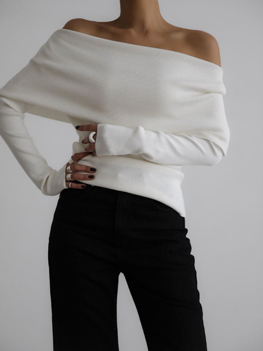 Suéter transfronterizo para mujeres 2026 otoño y invierno estilo europeo y americano camiseta de punto de manga larga un hombro sexy delgada camiseta de hombro abierto