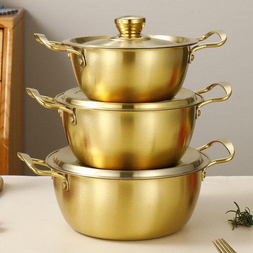Stainless steel gold-colored Korean-style instant noodle pot with dual ears, thickened for universal stove use, wholesale seafood and lobster dry pot