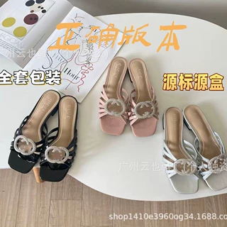 欧美时尚凉鞋2026新款真皮金属字母水钻坡跟拖鞋高跟镂空中东外贸