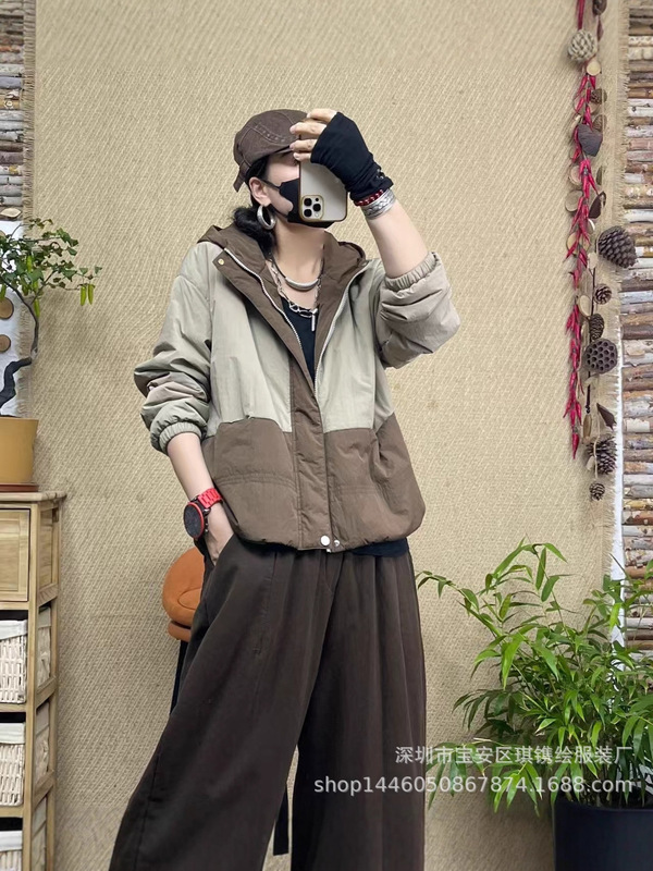 琪镌绘制棉服女冬季新款棉衣韩版宽松连帽拼接松紧袖口小棉袄外套|undefined