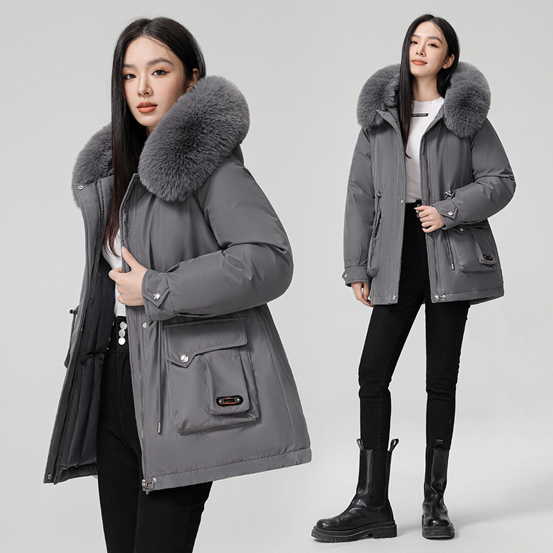 Cross border clothing with padding thickening to overcome women's short 2024 winter new style big fur collar slim fit_voghion.com
