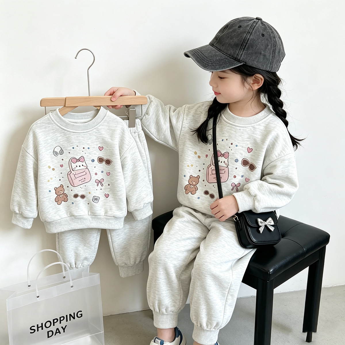 Early autumn children's set, girls' cartoon print sweatshirt and sweatpants two-piece set, Korean style fashionable casual wear for toddlers.