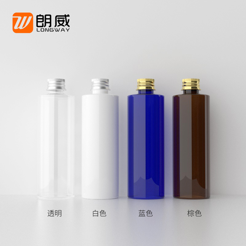 200ml de hombro plano de oro plata botella de tapa de aluminio botella de plástico cosmético sub-embalaje puro botella de rocío botella de tapa de aluminio para mascotas