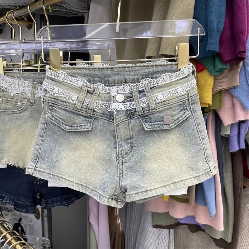 Pocket Exposed Rhinestone Hot Girl Denim Shorts Women 2025 Summer New Tight Slim Petite A-Line Hot Pants