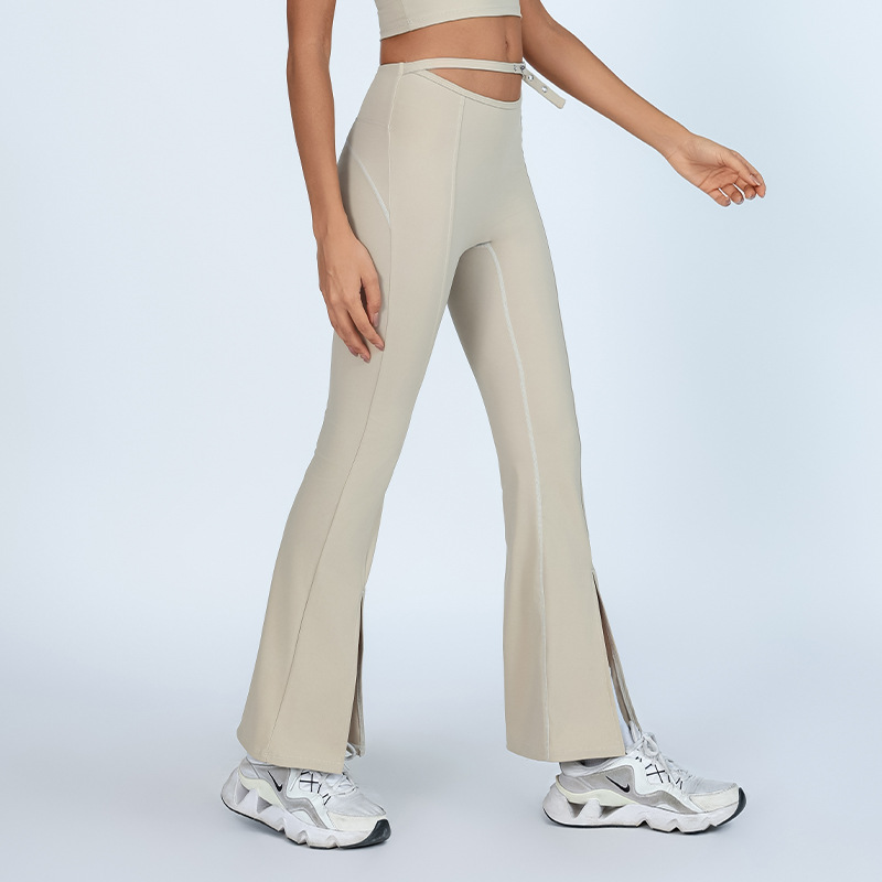 Nuevos pantalones de bocina de yoga cintura alta caderas entrenamiento deportivo de acondicionamiento físico botón de ojos de alta velocidad elástica secos pantalones de horquilla
