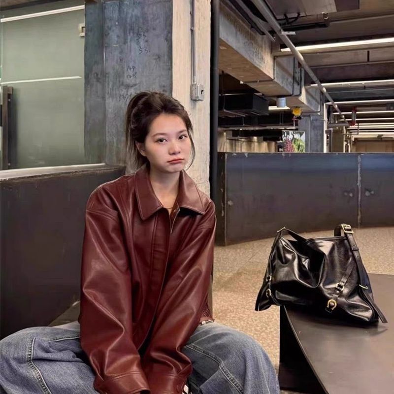 安可拉红皮衣外套女感2025新款美式机车小个子pu夹克上衣|undefined