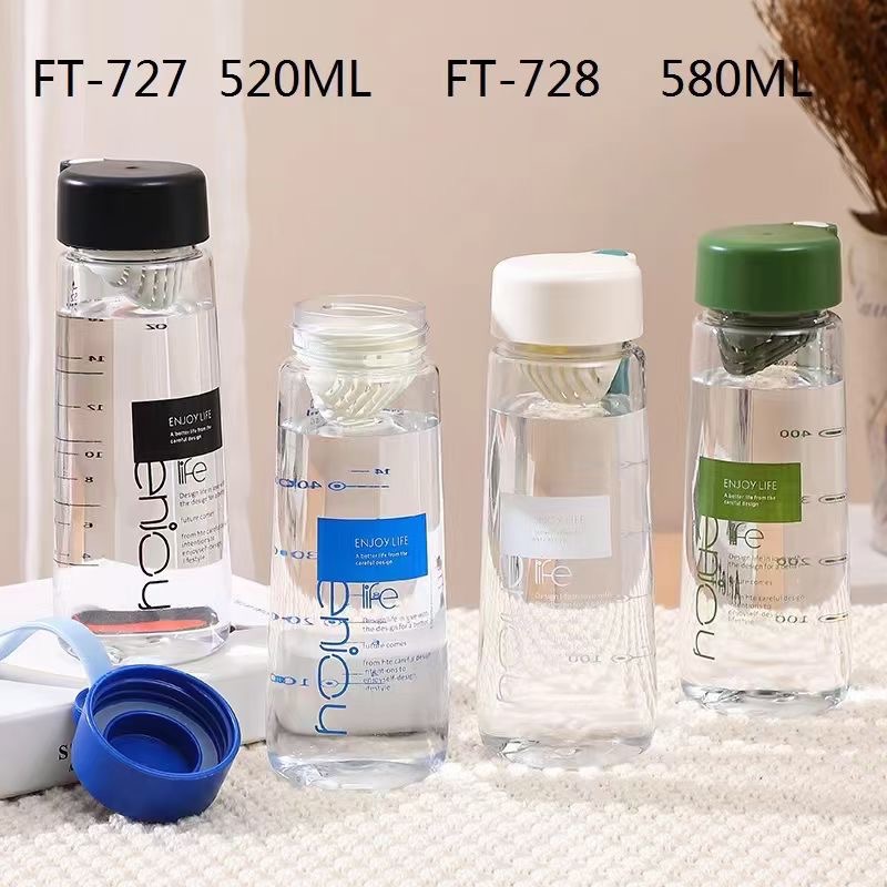 Futong 727 nueva taza de plástico transparente con colador 520ml deportes portátil al aire libre Estudiante Adulto plástico taza de agua