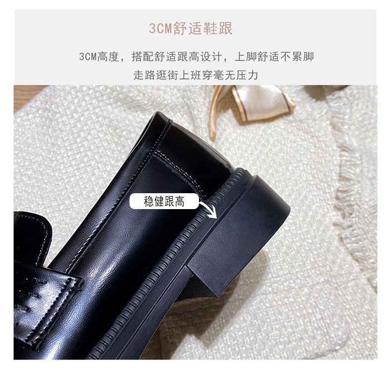 Giày lười nữ da phong cách Anh khóa xu, đế dày gót 3–5 cm, mũi tròn, size lớn — Màu Đen/lót nhung, Màu đen/lót một lớp chi tiết 10