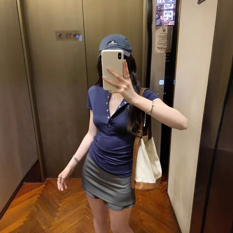 Pure Desire Style Henry Collar T-Shirt for Women, Soft and Skin-Friendly Ribbed Design, Half-Button Closure, Slim Fit, Versatile Short Sleeves