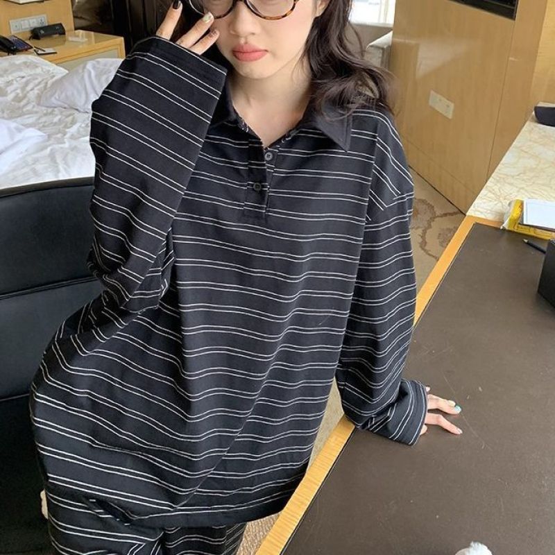 早秋穿搭慵懒风套装设计感翻领长袖长裤秋季宽松条纹两件套|undefined