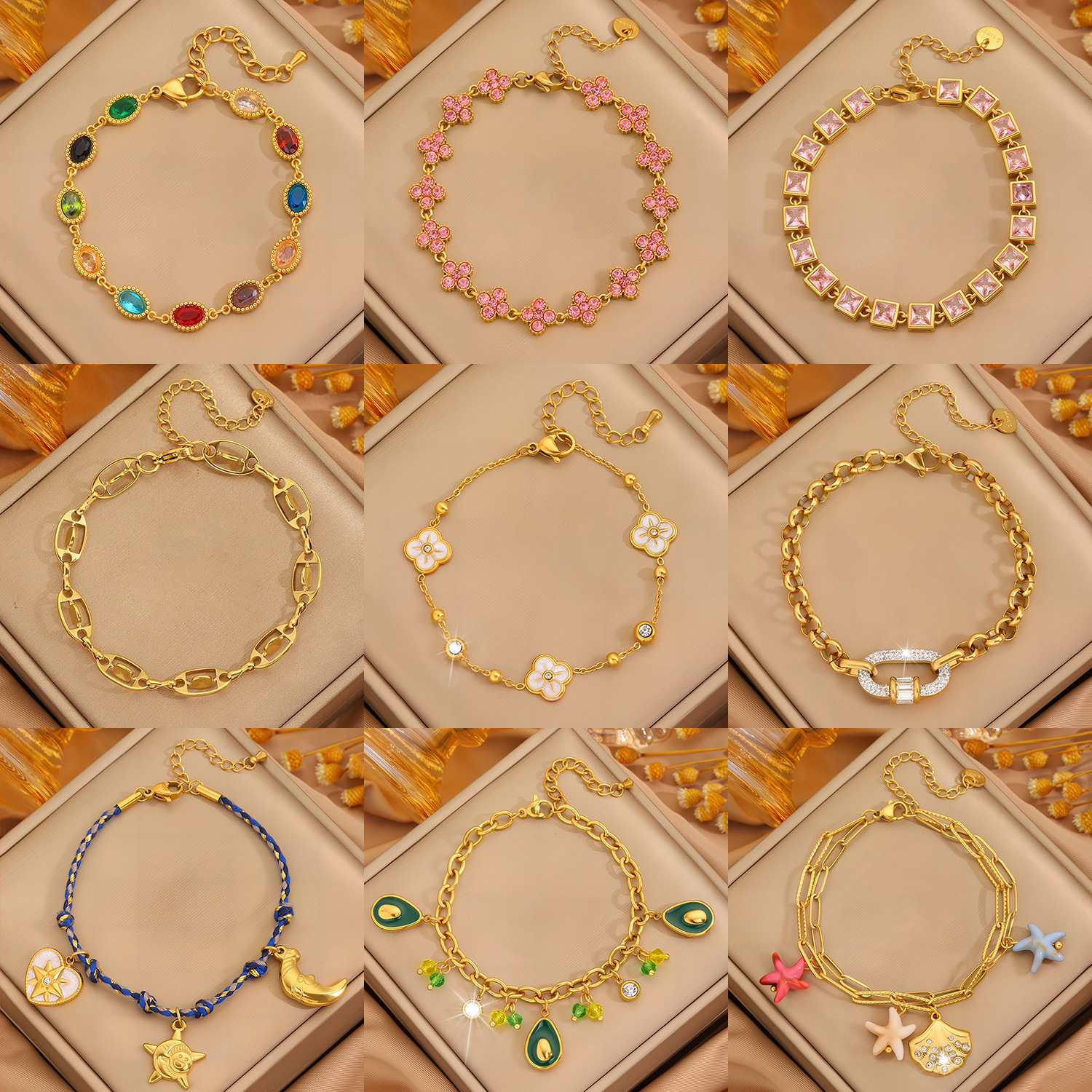 Titanium Steel Bracelet for Women, Diamond-Encrusted Four-Leaf Clover Bracelet, Light Luxury and High-End Feel, Star-Studded 18K Gold-Plated Stainless Steel Bracelet