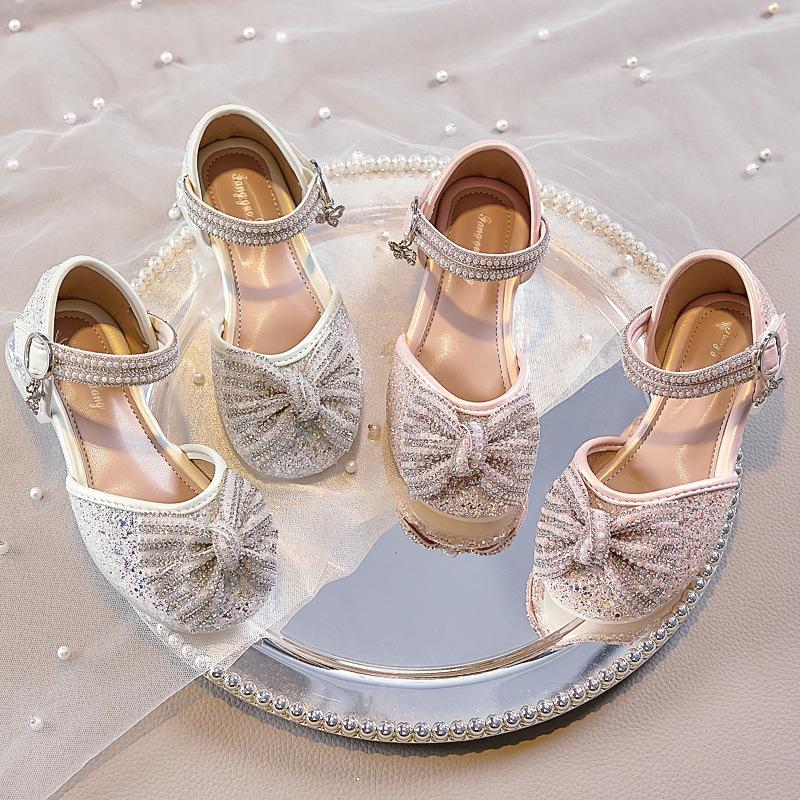 Girls Sandals High Heels 2025 Summer New Soft Sole Bow Sequin Crystal Shoes Suitable for Daily Outings and Versatile