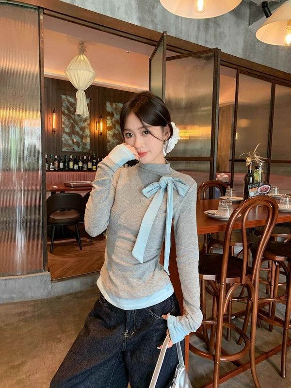 蝴蝶结假两件半高领打底衫女秋冬2025新款设计感内搭修身长袖上衣|undefined