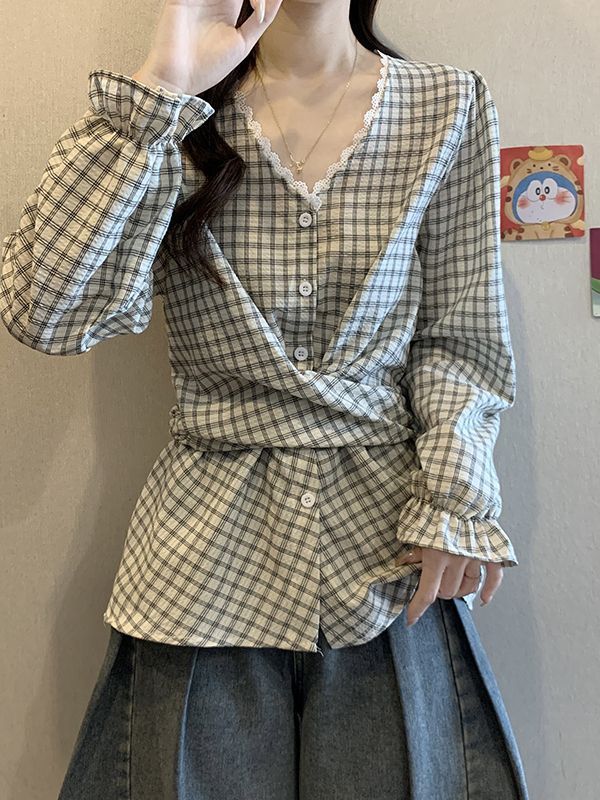 格子V领长袖打底衬衫女2025年秋新款时尚设计感系带收腰显瘦上衣|undefined
