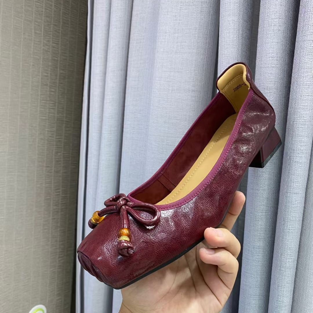 Giày ballet nữ mũi tròn đế bệt nơ da thật mềm mại — đen, rượu vang đỏ, nâu