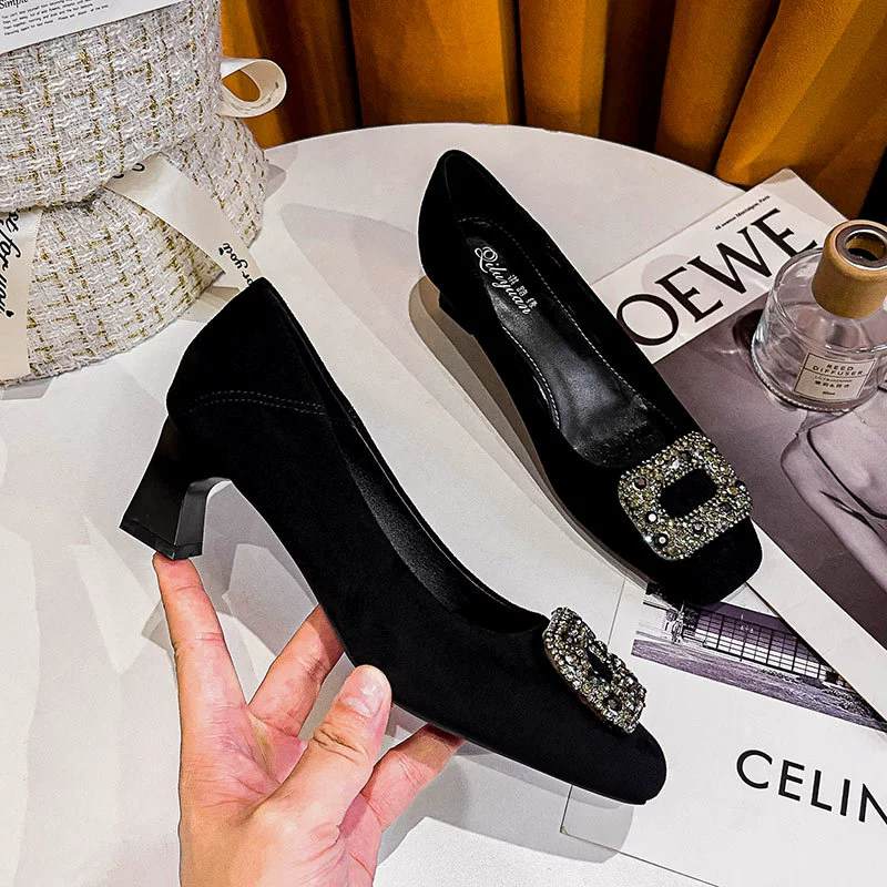 Туфли на высоком каблуке для женщин 2025: Новинка весны и осени, элегантные женские туфли на среднем каблуке с пряжкой со стразами, французские туфли с квадратным носком на толстом каблуке