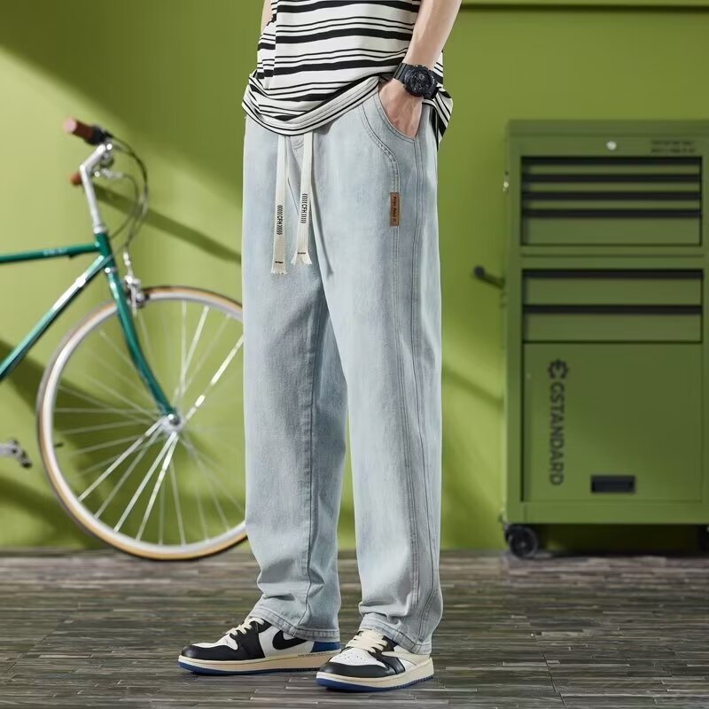 Elasticated Waist Wide Leg Jeans Men's Summer Thin Loose Straight Light Color Casual American Style High Street Pants for Teens