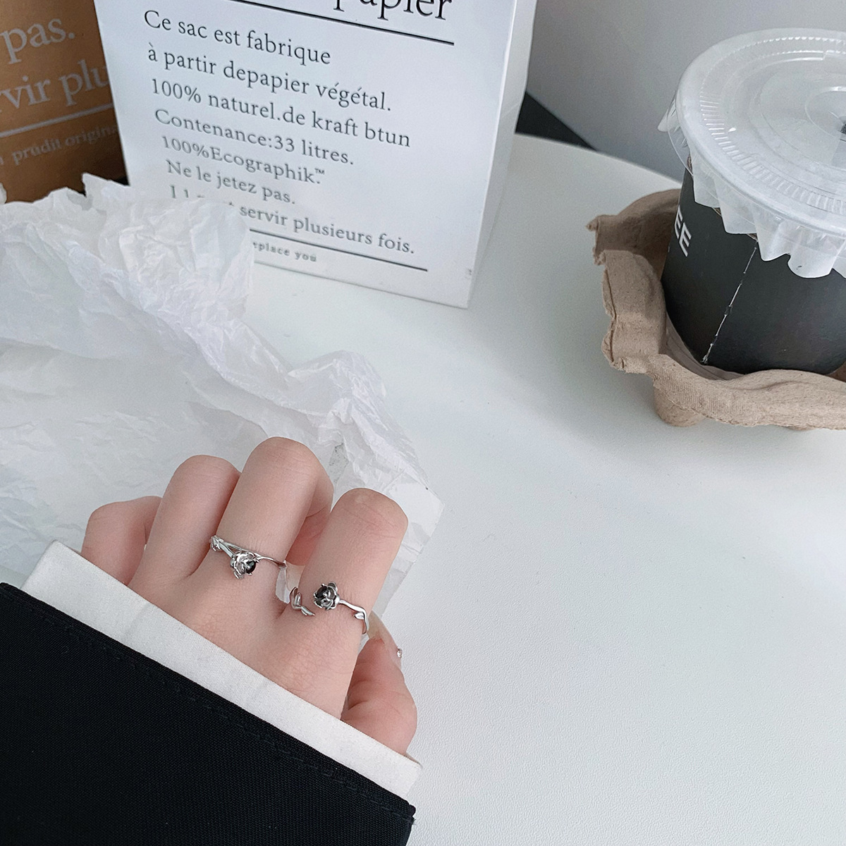 s925 Silver Black Diamond Flower Open Ring Image 2
