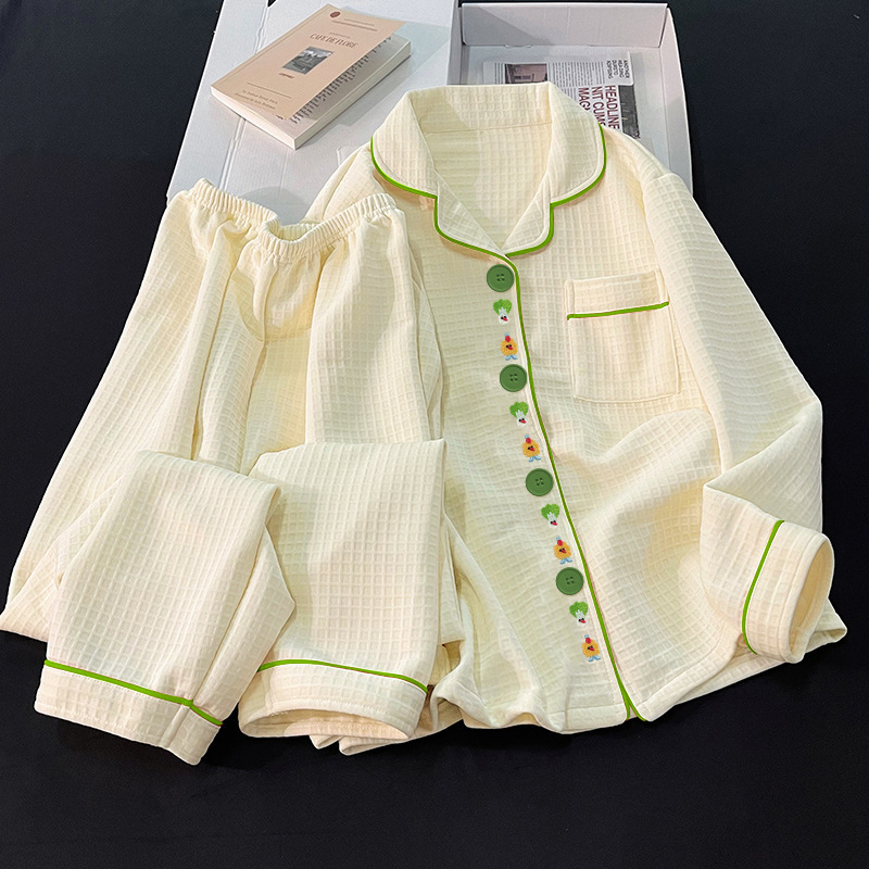 Simple Waffle Grid Solid Color Korean Version Ins Autumn and Winter Layered Air Cotton Warm Pajamas Women's Loungewear Wholesale