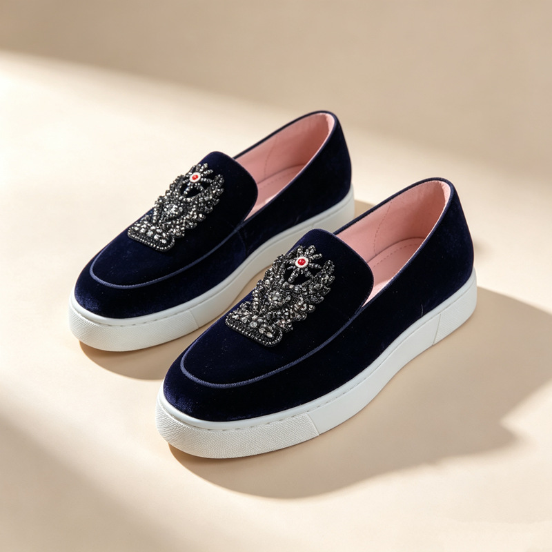 2026 new dark blue velvet rhinestone-decorated thick-soled slip-on loafers, available in large sizes for cross-border sales, men's style