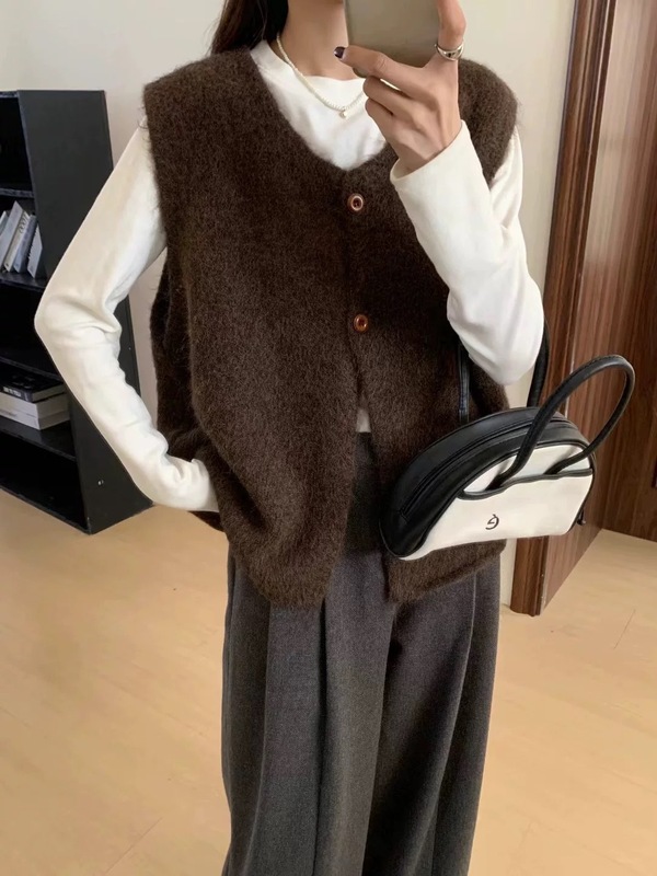 韩版复古百搭简约无袖毛衣马甲女秋季小个子宽松慵懒叠穿针织背心|undefined