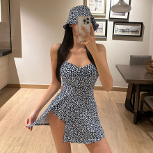 韩国ins风碎花甜美少女小香风保守裙款连体游泳衣女带帽子泳装