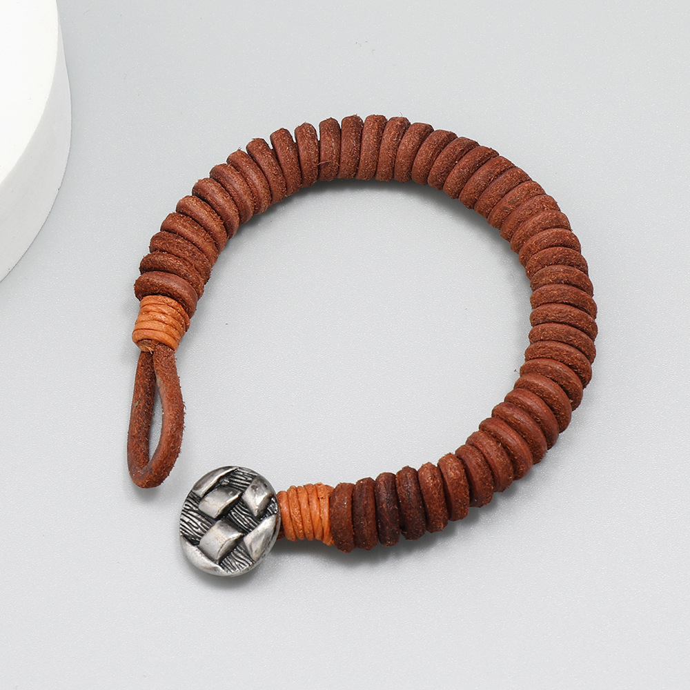 1 Piece Quantity Retro Geometric Alloy Cowhide Knitting Men's Bangle Men Cord & Leather Bracelets