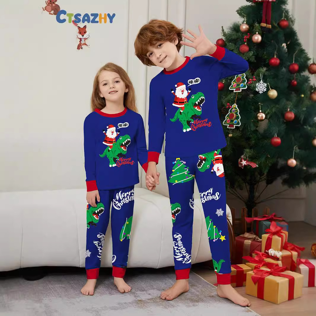 Božićna kućna odjeća Obiteljska odjeća Zelena pidžama s printom dinosaura Djeda Mraza Plavo odijelo_voghion.com