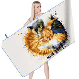 水彩蜷缩猫咪速干沙滩巾，超细纤维双面绒数码印花自选图片