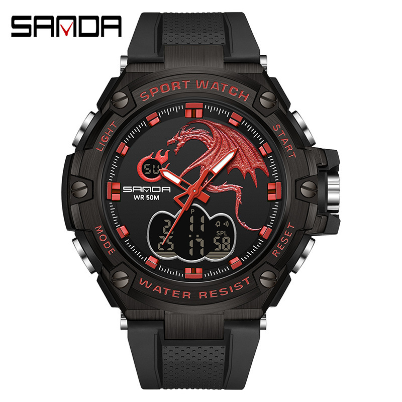 Sanda 3171 reloj electrónico dragón rociador de fuego reloj impermeable moda de moda luminoso reloj de hombre multifuncional