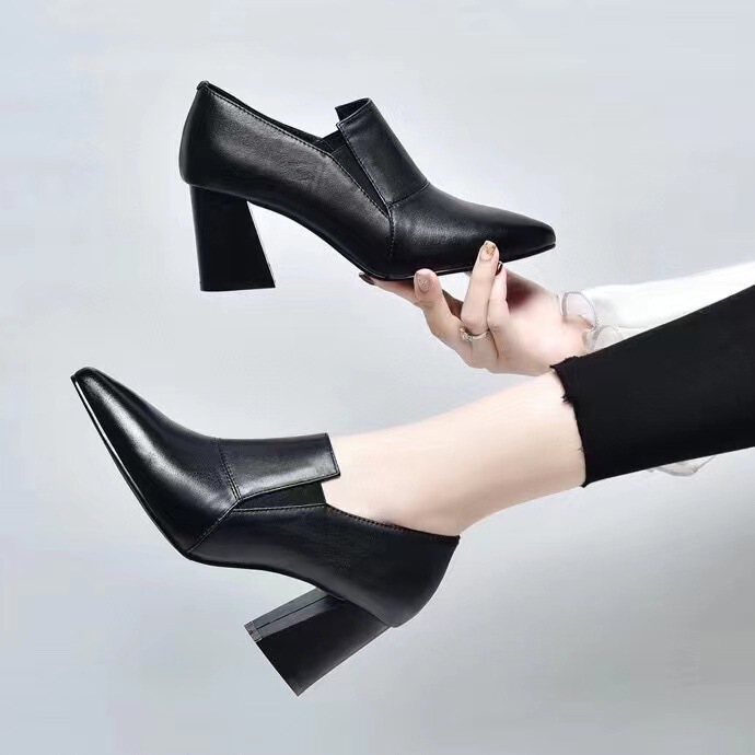 High-heeled deep-mouth single-layer shoes women's 2022 autumn new leather thick-heeled fashion women's shoes simple casual versatile leather shoes