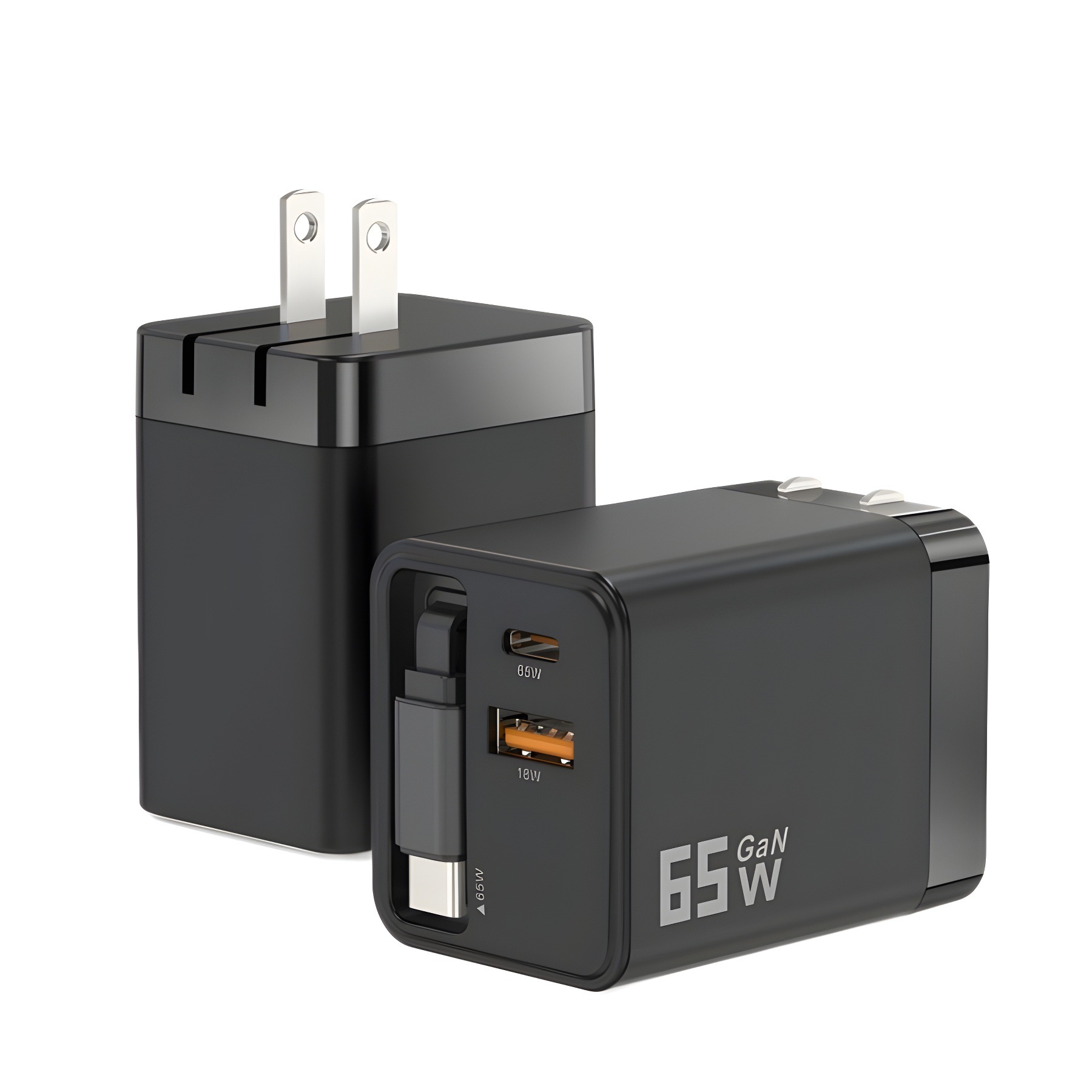 Cargador de nitruro de gallio de 65W protocolo completo de carga rápida A + C cable telescópico de doble puerto para cabezal de carga rápida de Apple Huawei