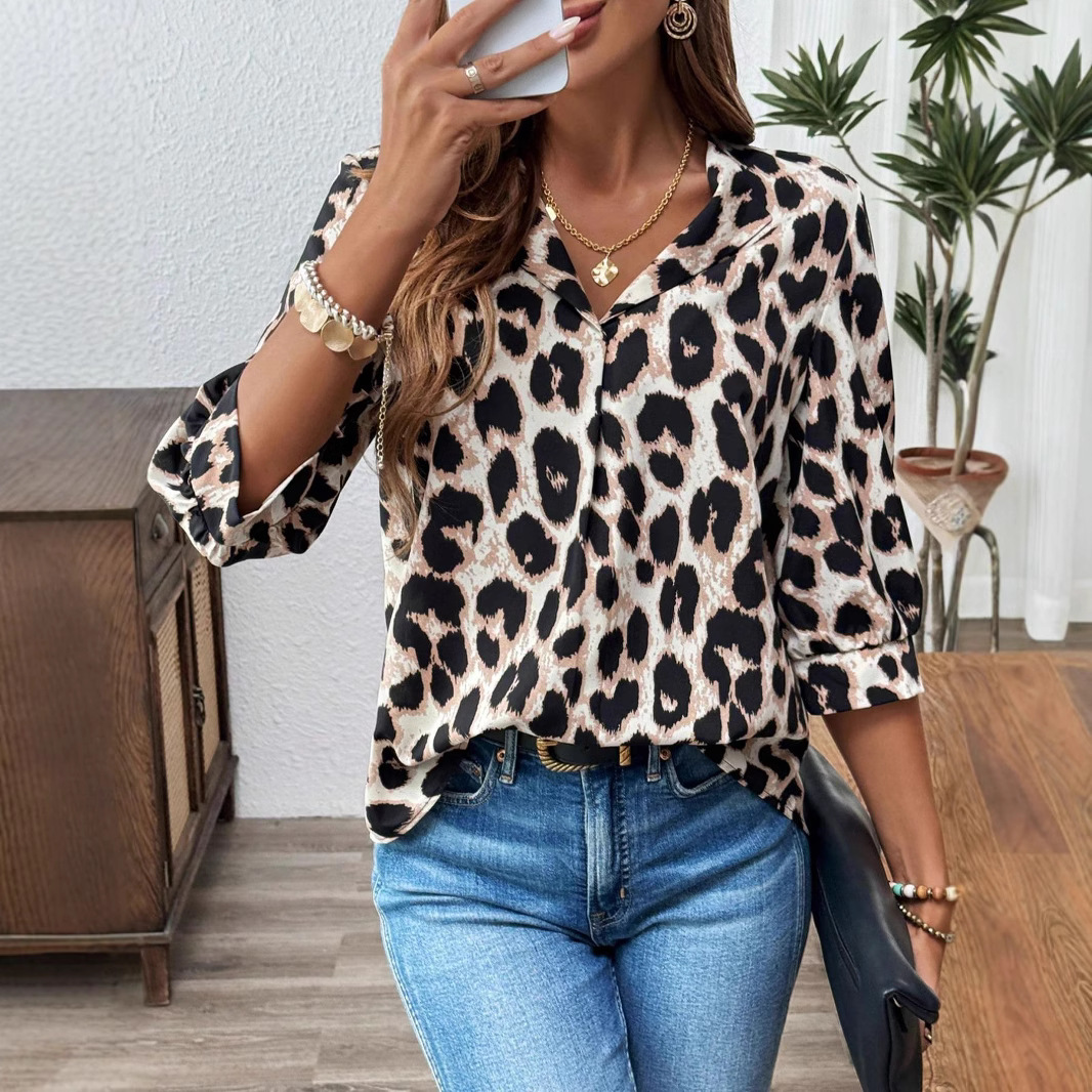 Women's Elegant Long-Sleeve Blouse – Leopard Print, Loose Fit, Soft Polyester, Versatile For Work & Casual (Leopard, Light Gray, Ochre Yellow)_voghion.com