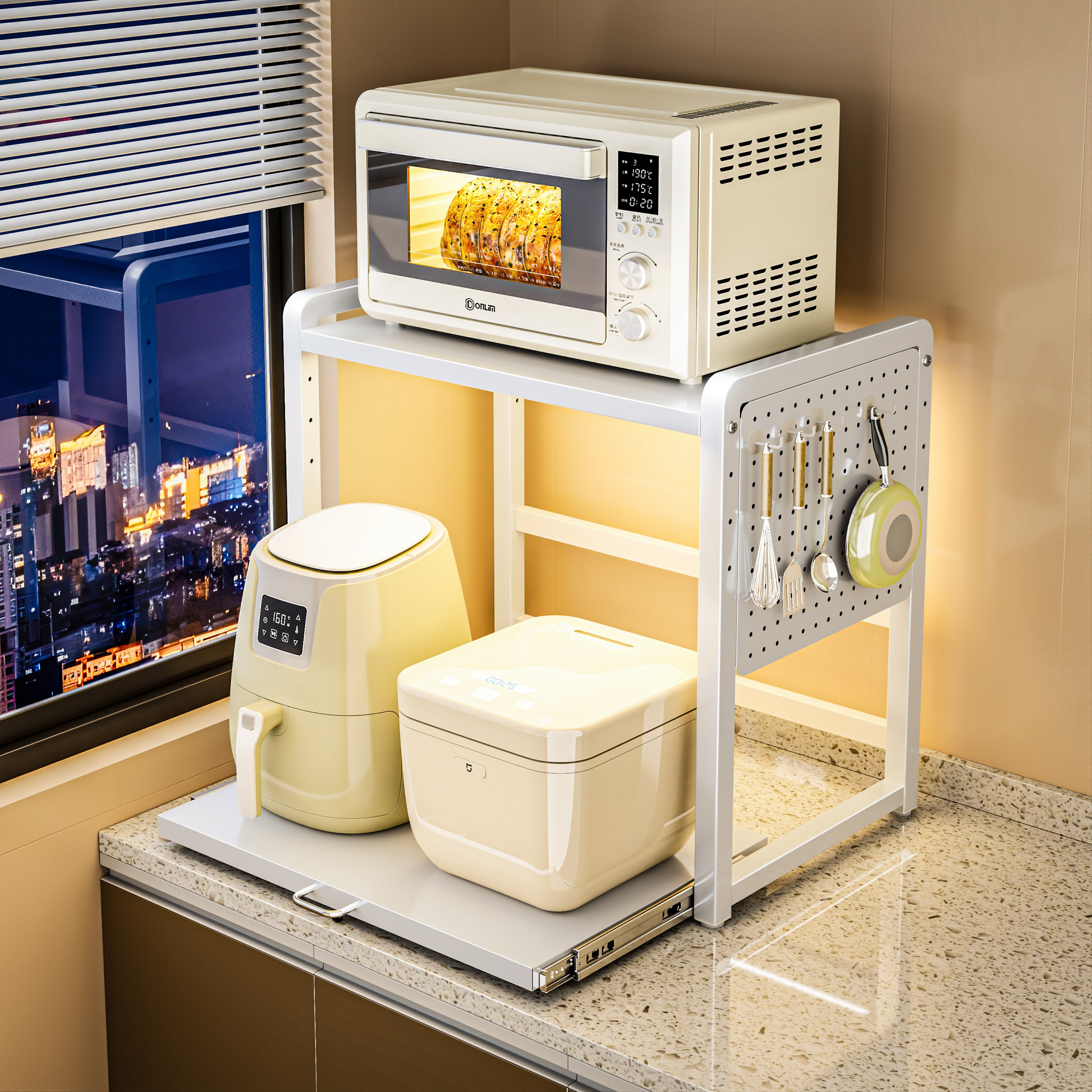 Kitchen countertop multifunctional pull-out storage rack for microwave oven, rice cooker, pots and bowls