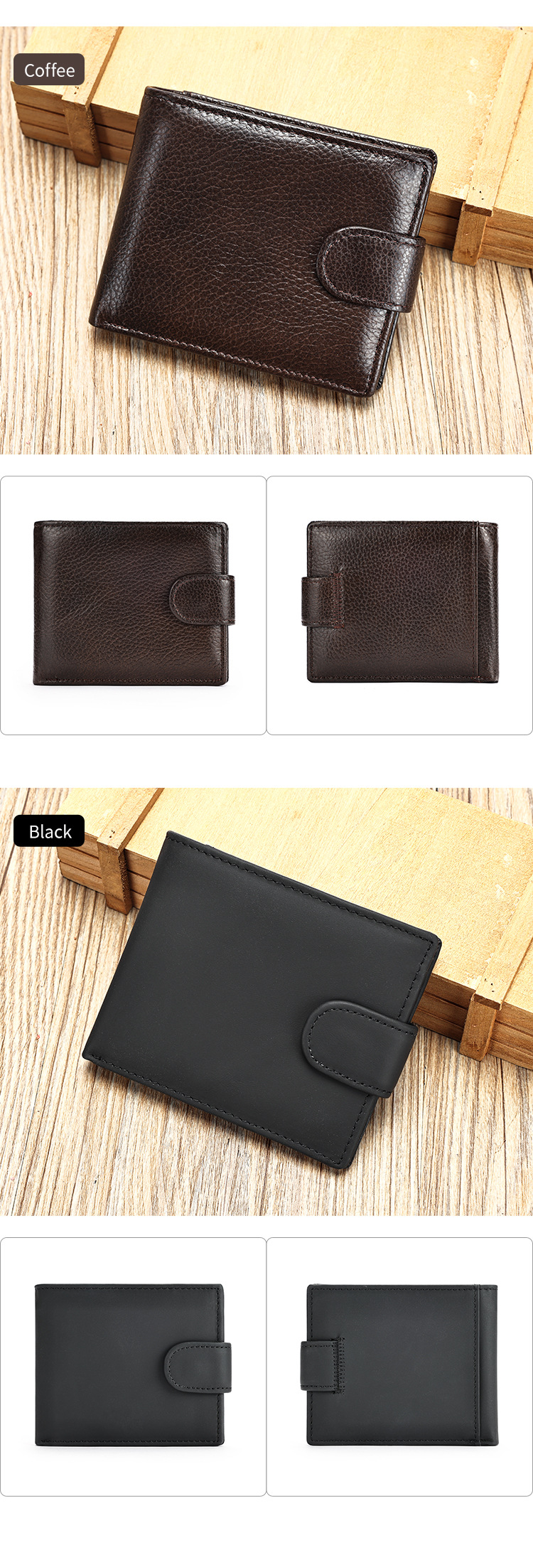 Ví nam da bò gập mini phong cách retro, nhiều ngăn thẻ — Màu đen, màu xám, Cà phê, màu nâu trơn chi tiết 5