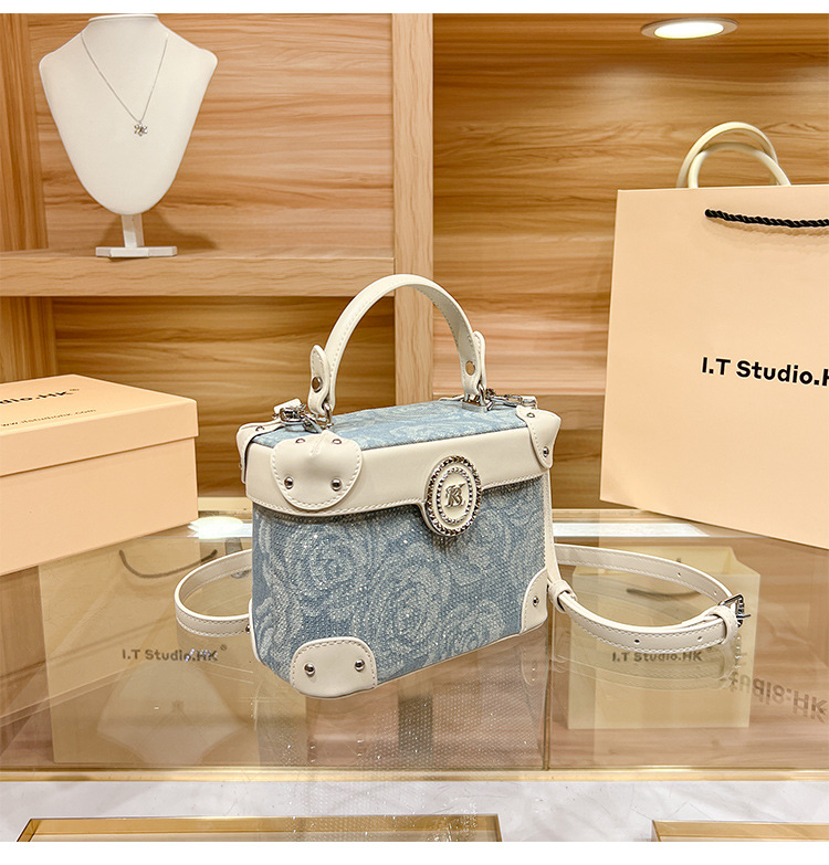 Túi bucket da thật nữ đeo chéo kiểu hộp mùa hè — Màu xanh lam chi tiết 4