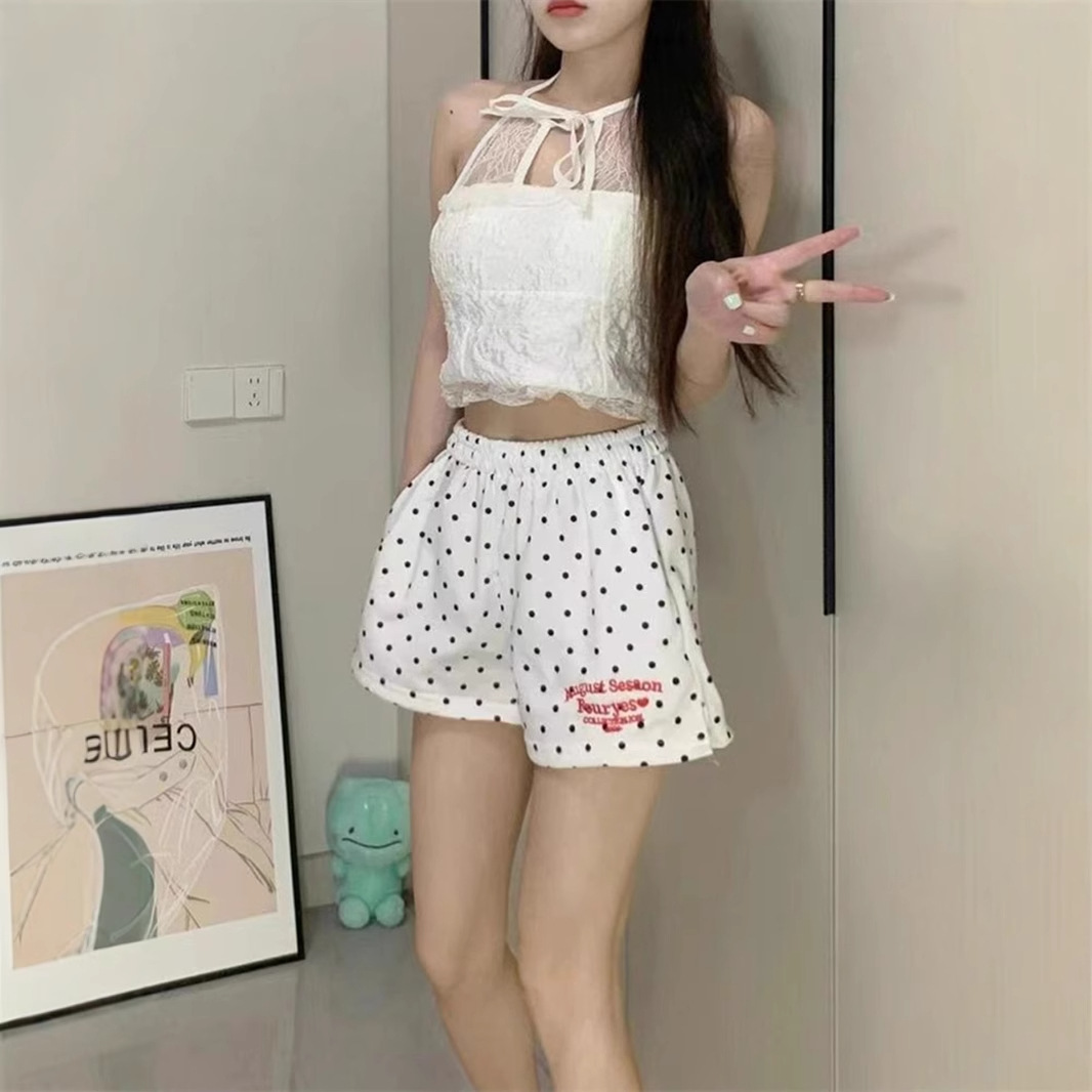 크로스보더 문자 자수 물방울무늬 스포츠 반바지 여성 여름 루즈핏 A라인 홈웨어 잠옷 바지 캐주얼 아웃웨어 핫팬츠
